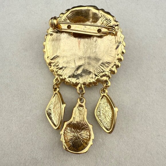 Vintage Gold Tone Brooch With Dangling Ornate Red Cabochons & Intricate Details - Picture 4 of 5